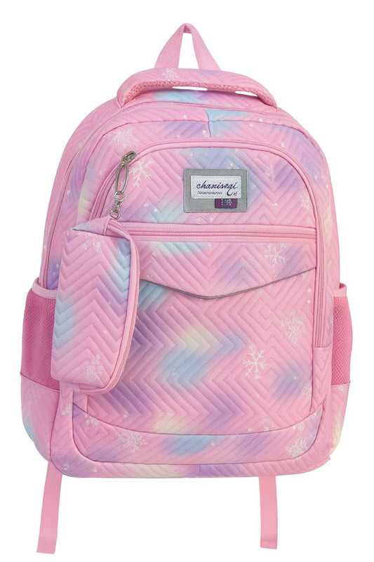 Sac à Dos Scolaire Pastel Hiver – Motifs Flocons de Neige avec Pochette Détachable